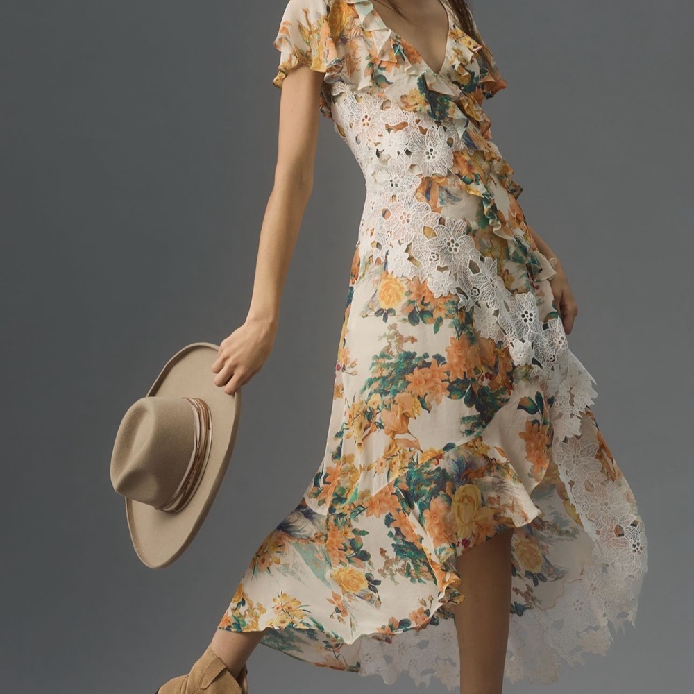 Anthropologie Floral High-Low Dress in Cream, Orange & Green